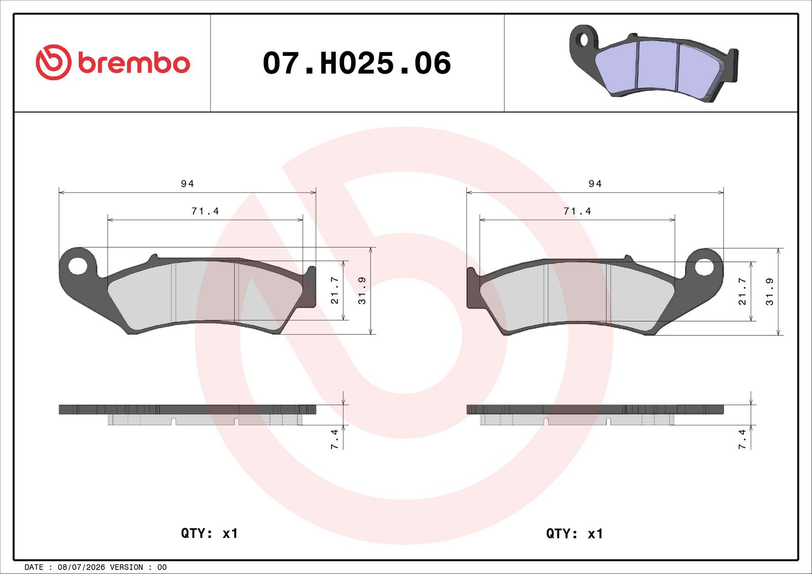 BREMBO 07HO2506 - Bremsbelagsatz, Scheibenbremse