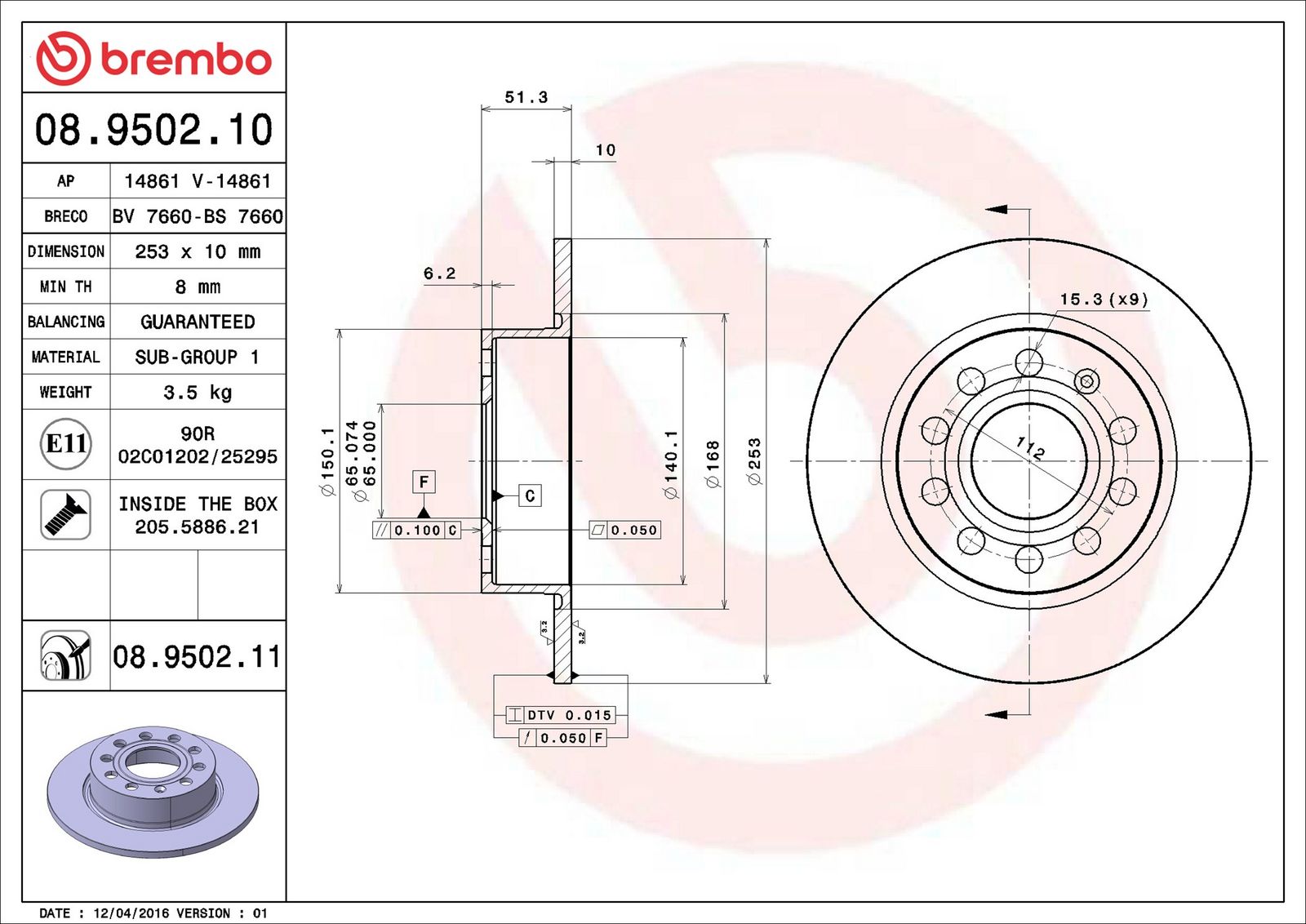 BREMBO 08.9502.11 - Bremsscheibe
