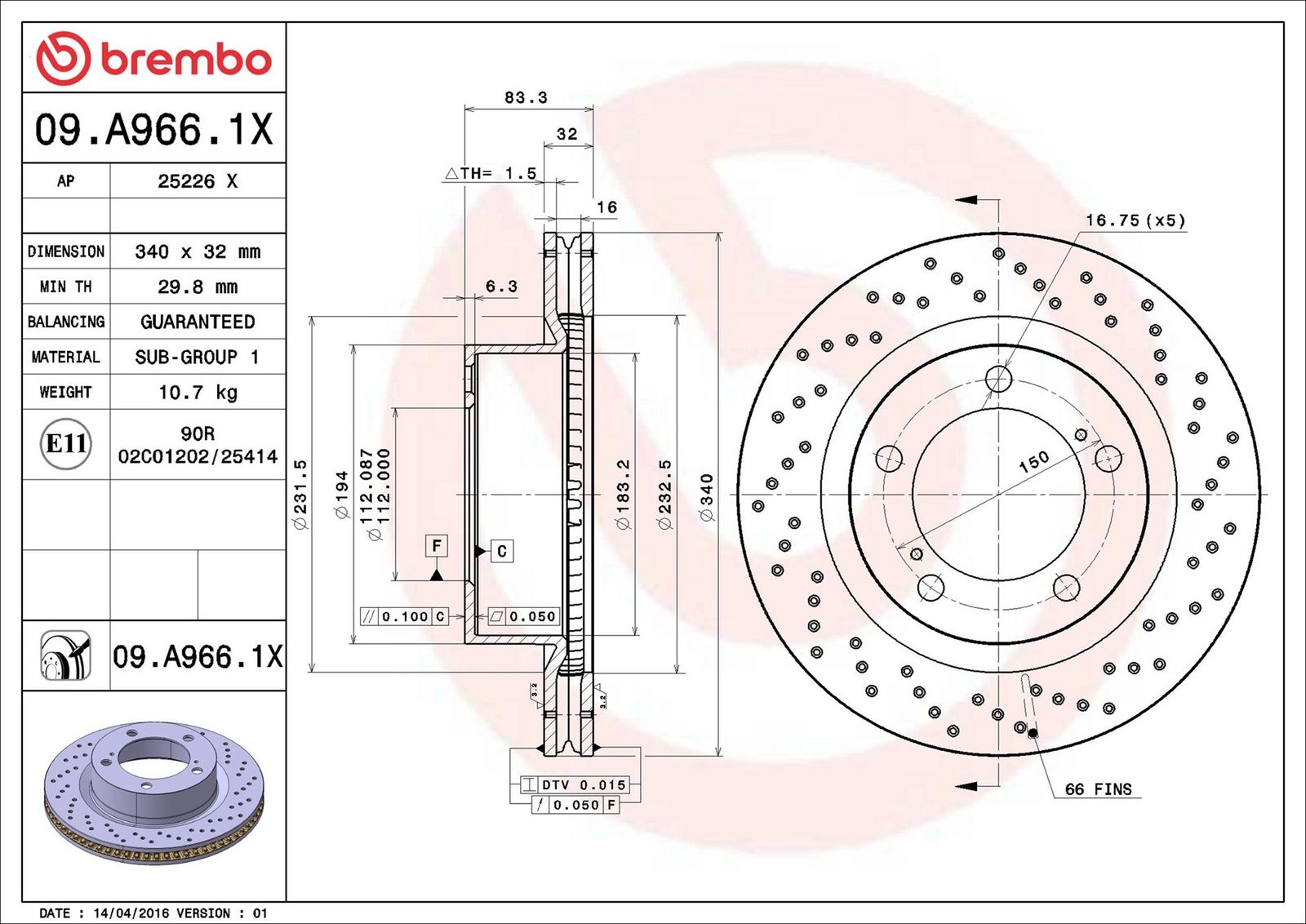 BREMBO 09.A966.1X - Bremsscheibe