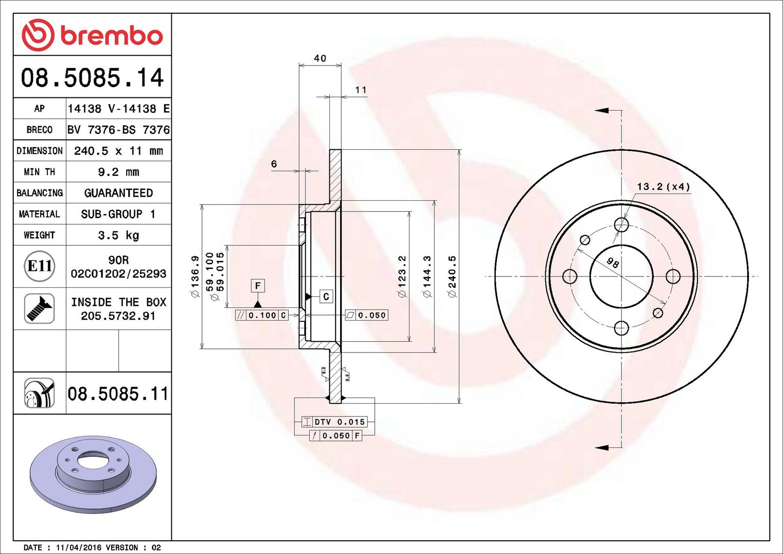 BREMBO 08.5085.11 - Bremsscheibe