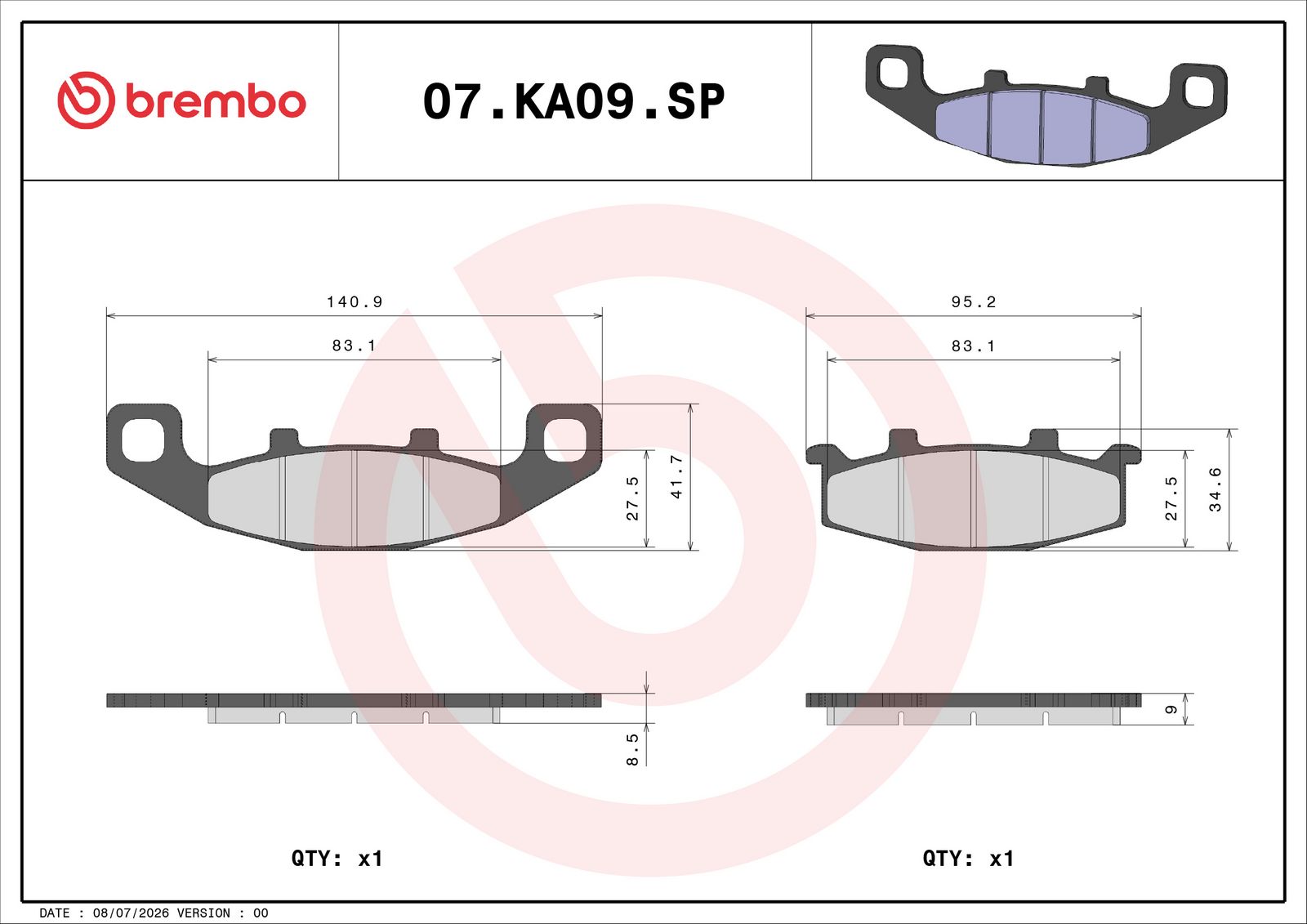 BREMBO 07KA09SP - Bremsbelagsatz, Scheibenbremse