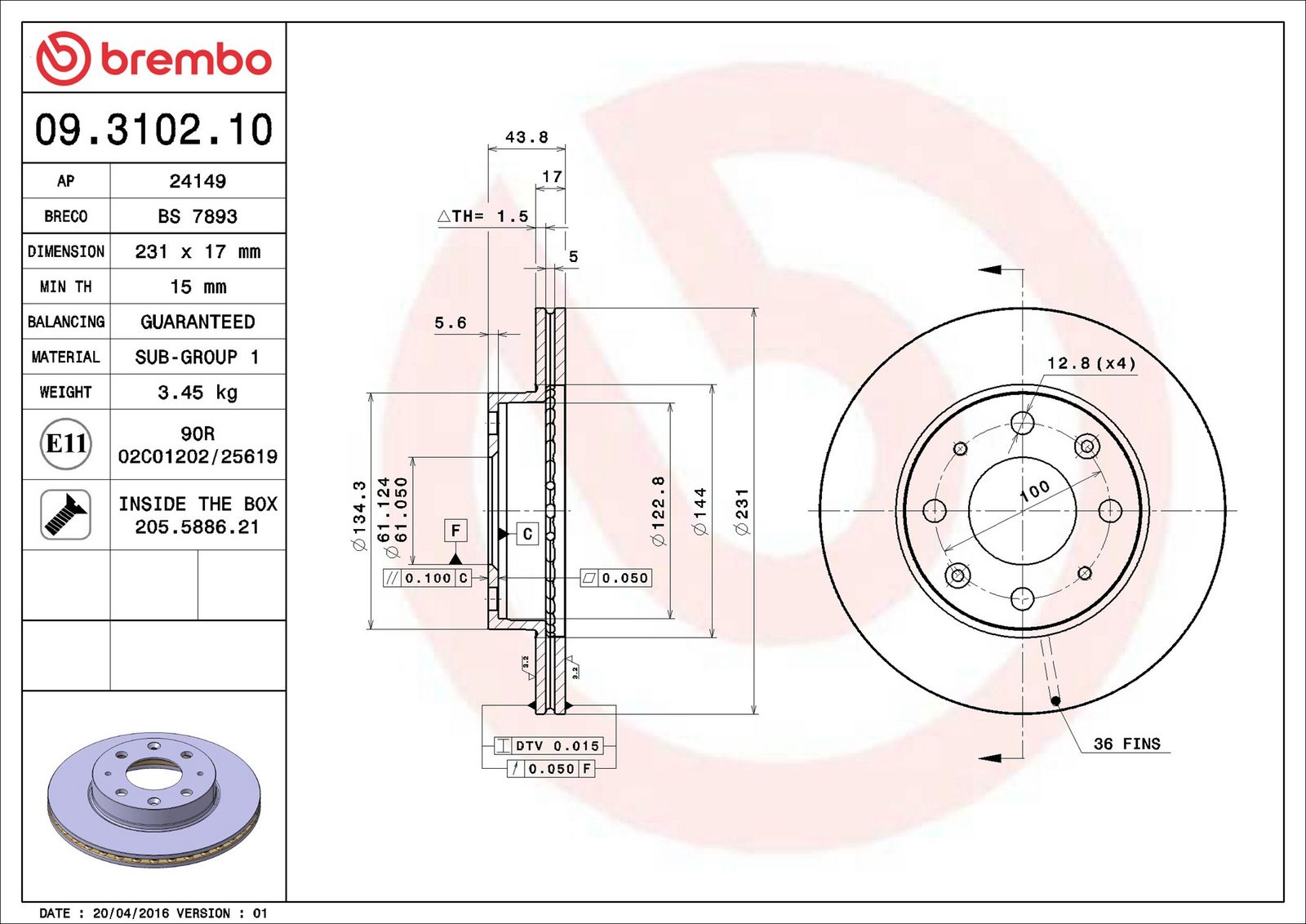 BREMBO 09.3102.10 - Bremsscheibe