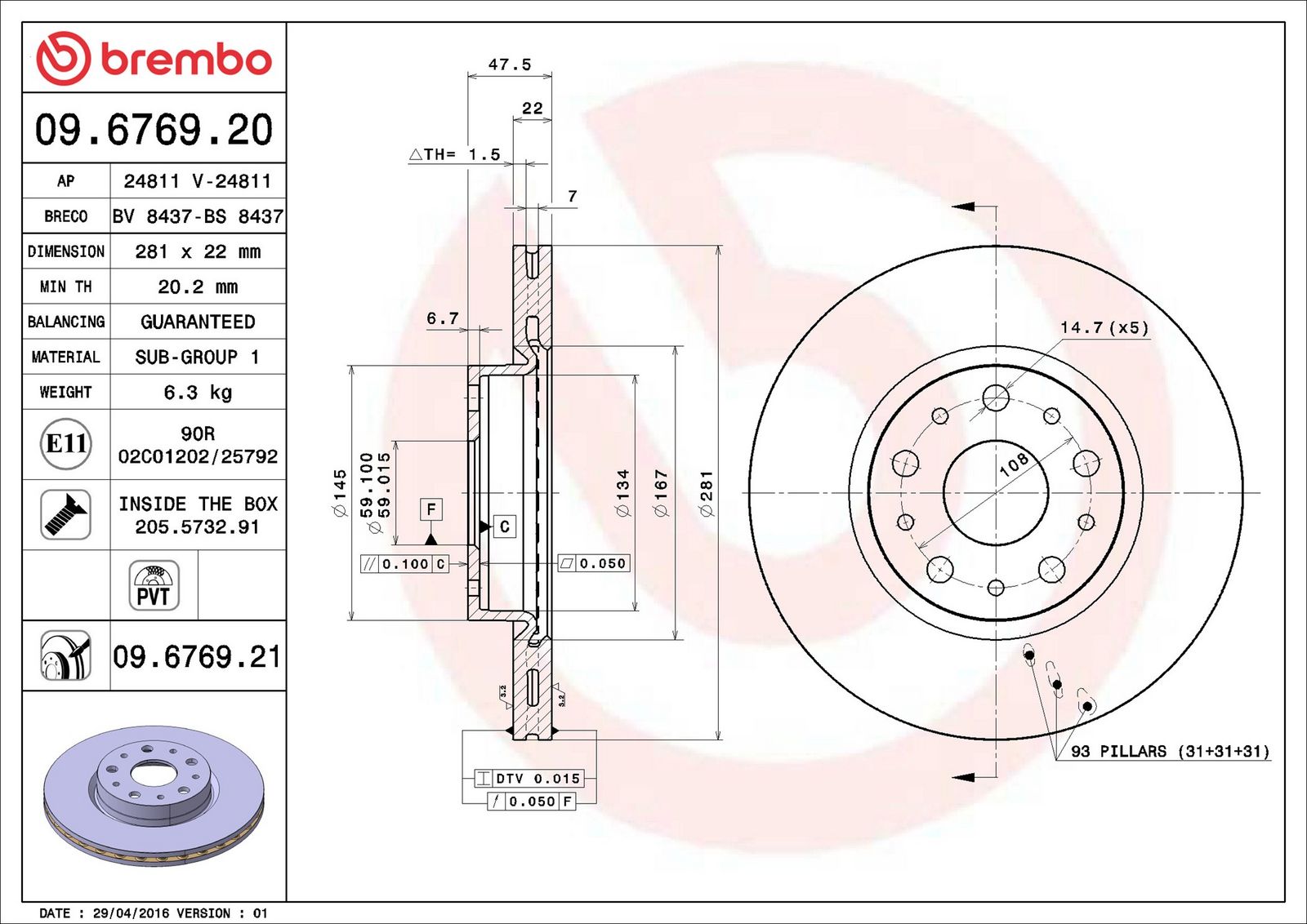 BREMBO 09.6769.21 - Bremsscheibe