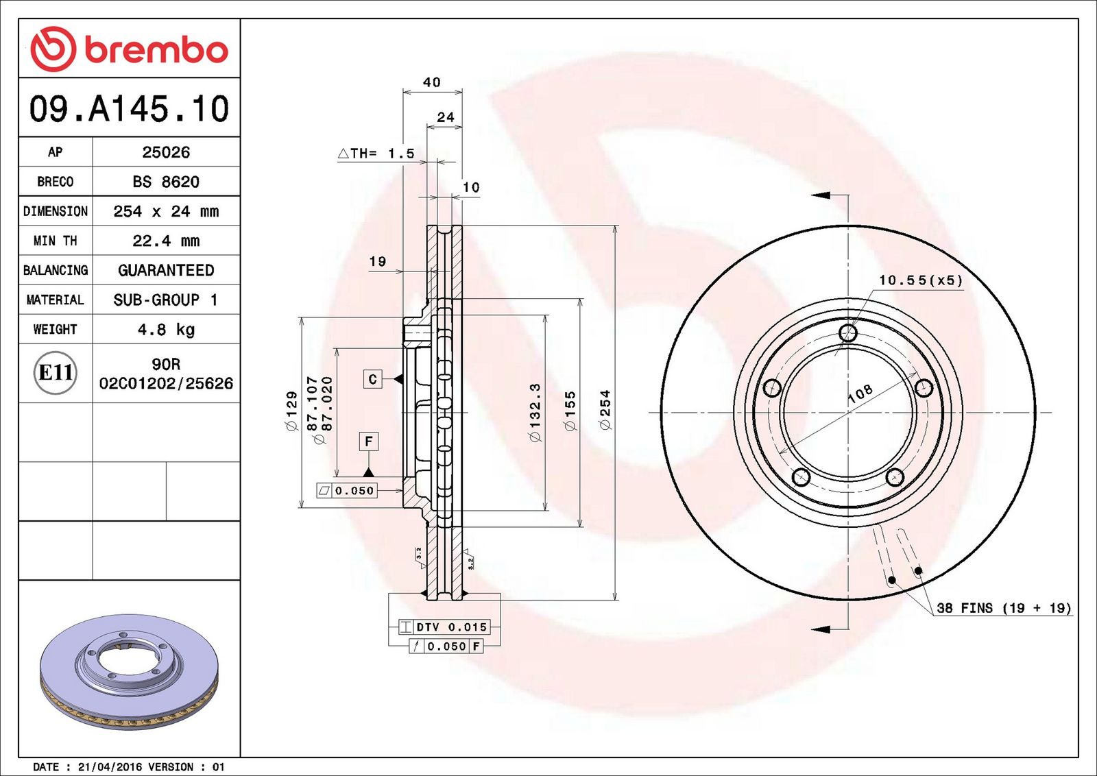 BREMBO 09.A145.10 - Bremsscheibe