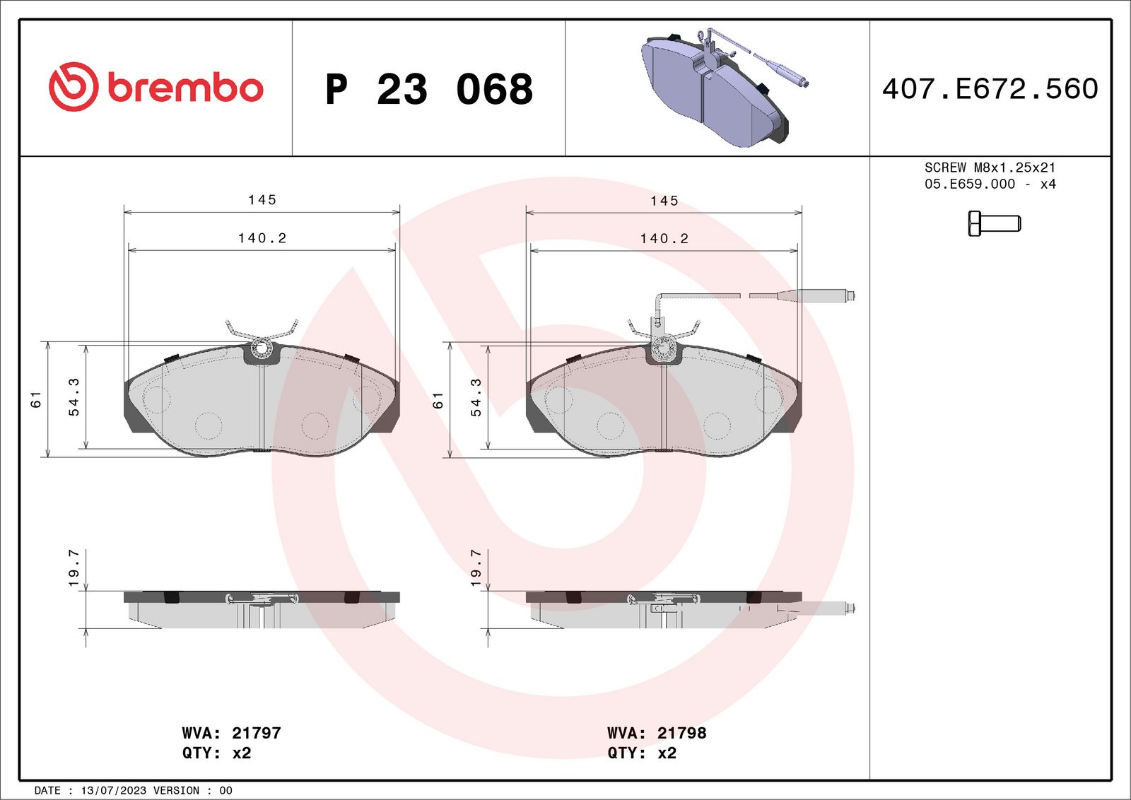 BREMBO P 23 068 - Bremsbelagsatz, Scheibenbremse