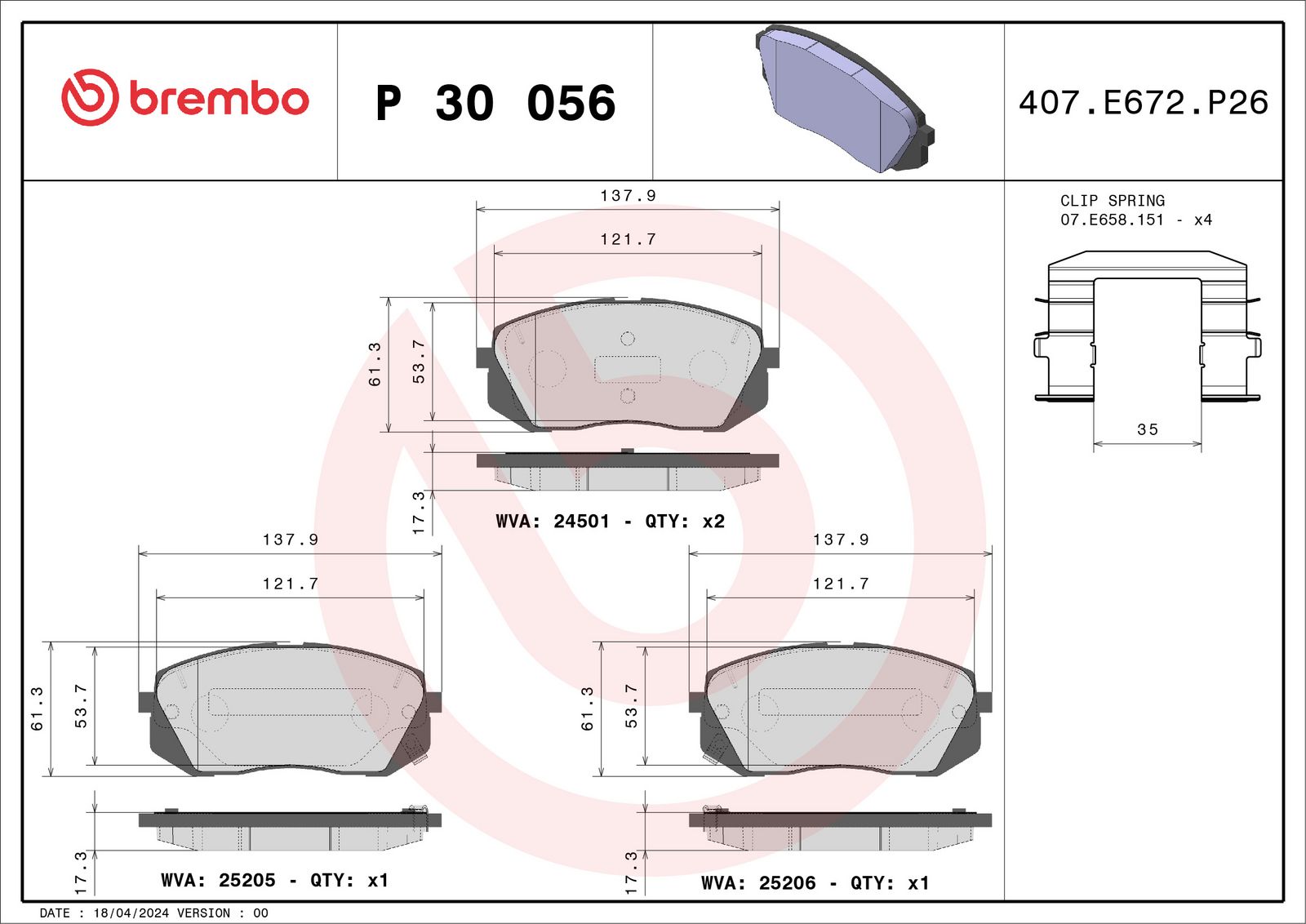 BREMBO P 30 056 - Bremsbelagsatz, Scheibenbremse