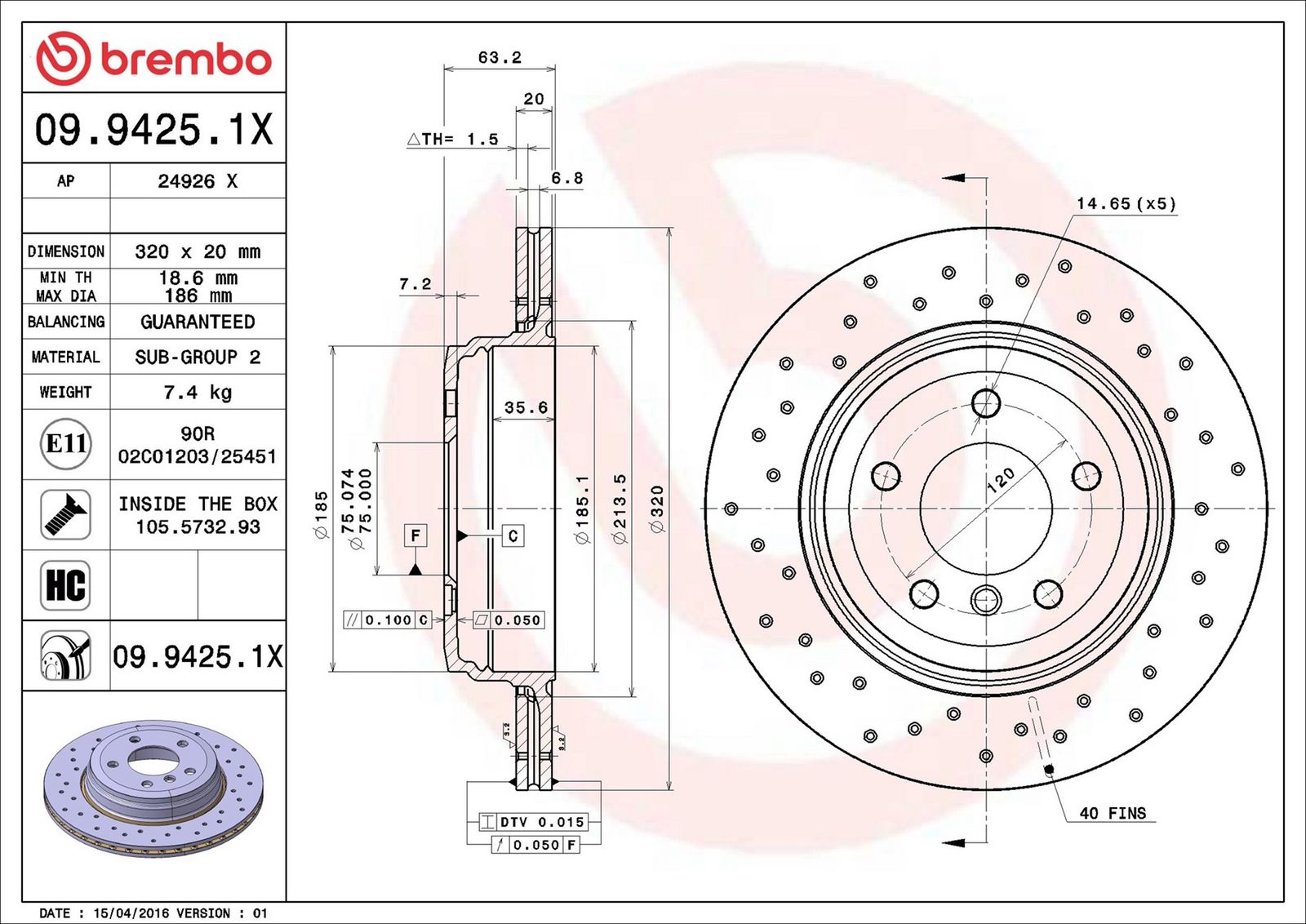 BREMBO 09.9425.1X - Bremsscheibe