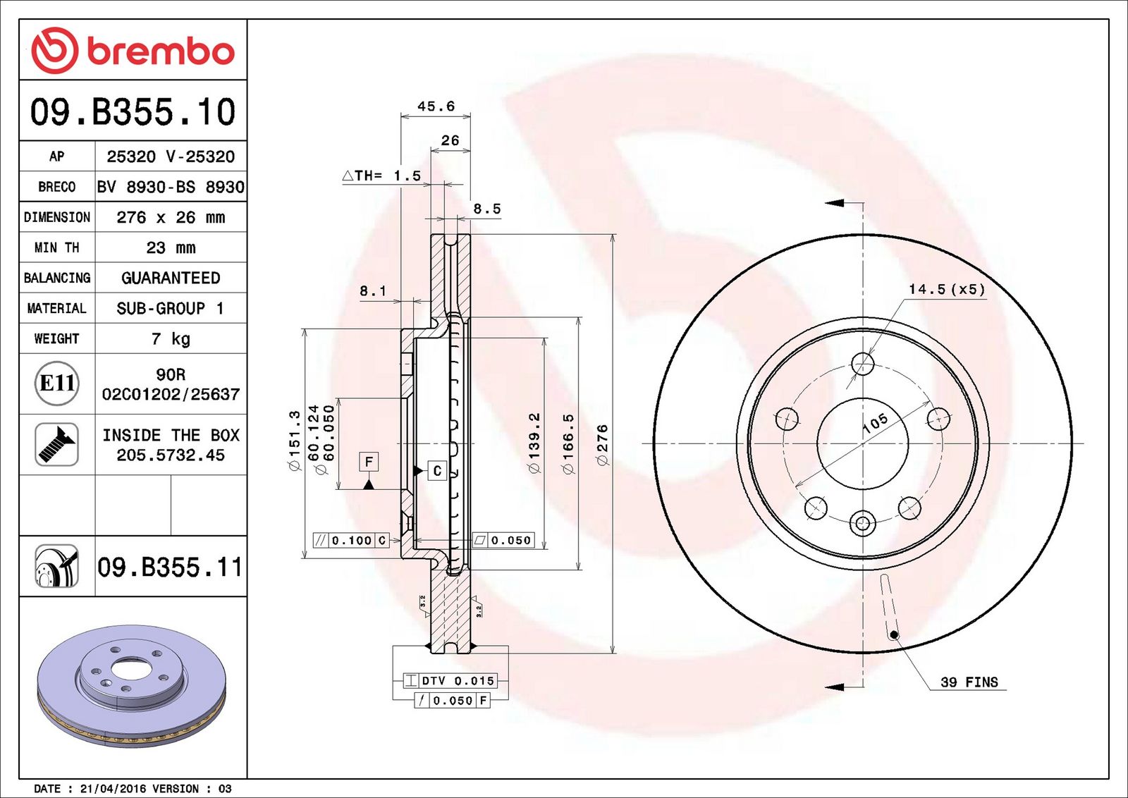BREMBO 09.B355.11 - Bremsscheibe