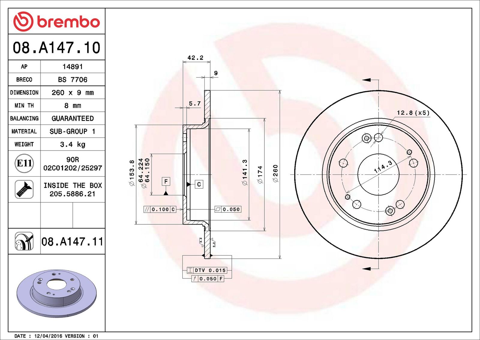 BREMBO 08.A147.11 - Bremsscheibe