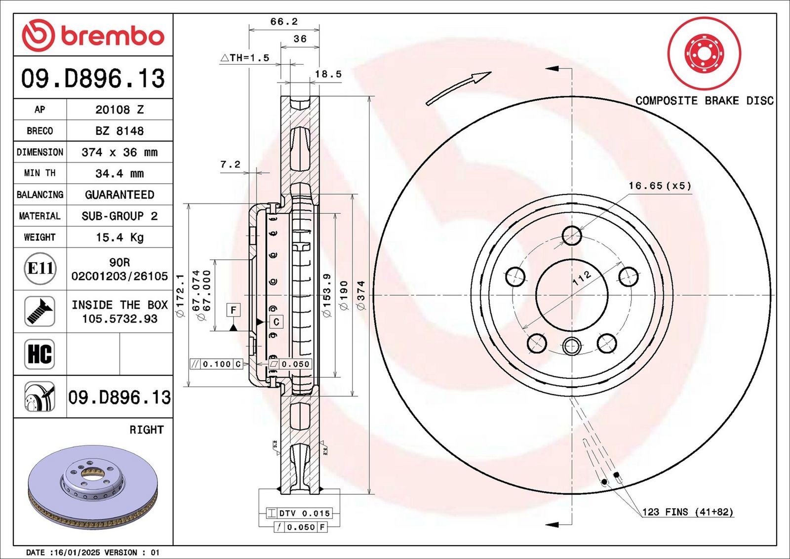 BREMBO 09.D896.13 - Bremsscheibe