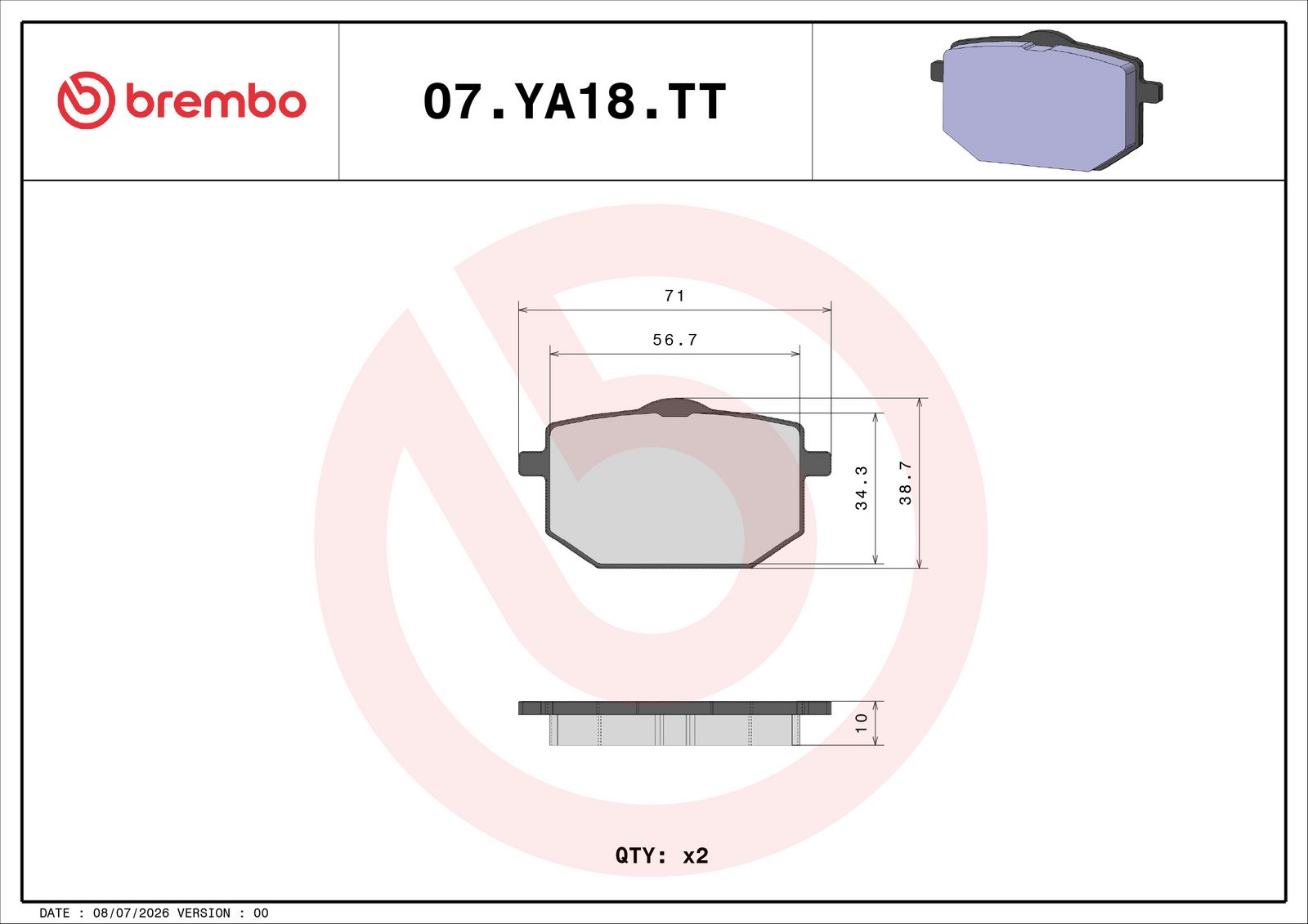 BREMBO 07YA18TT - Bremsbelagsatz, Scheibenbremse