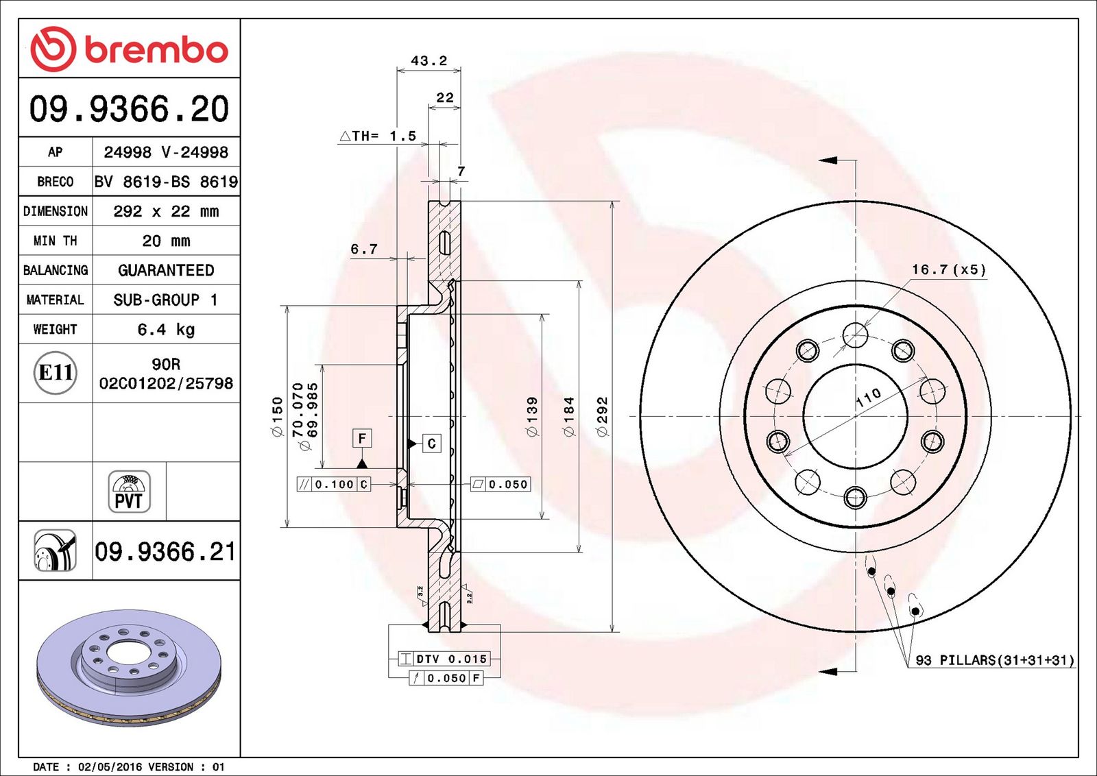BREMBO 09.9366.21 - Bremsscheibe