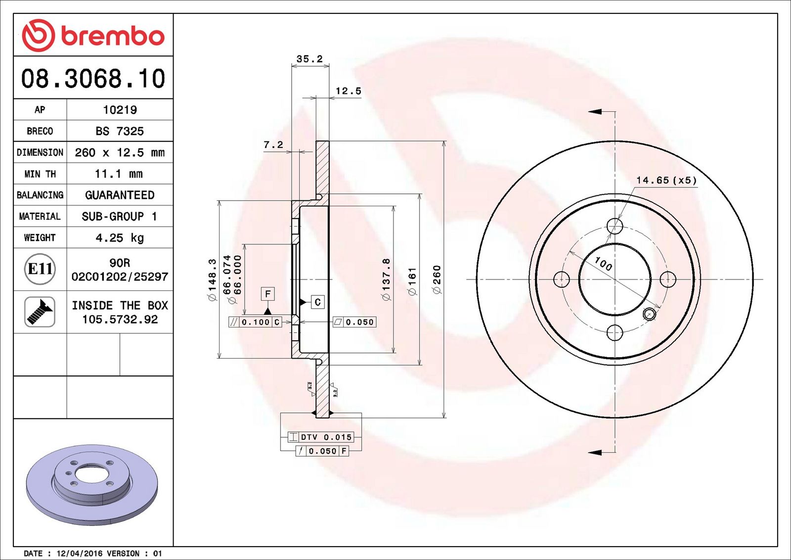 BREMBO 08.3068.10 - Bremsscheibe