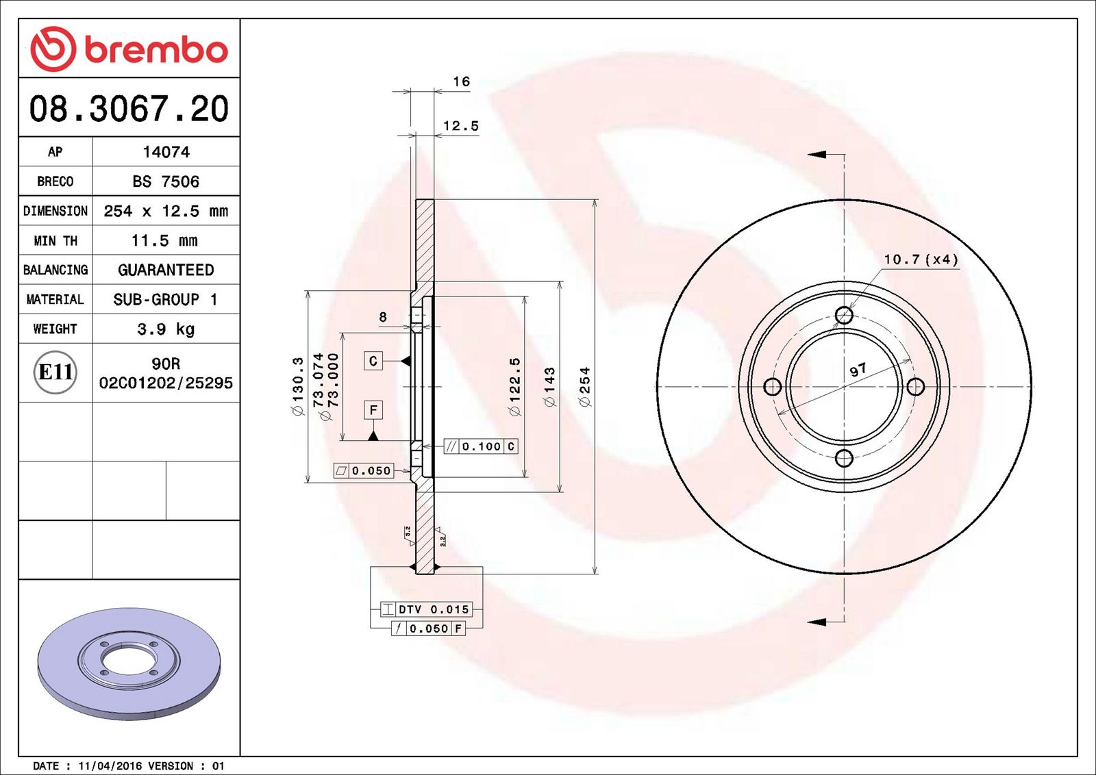 BREMBO 08.3067.20 - Bremsscheibe