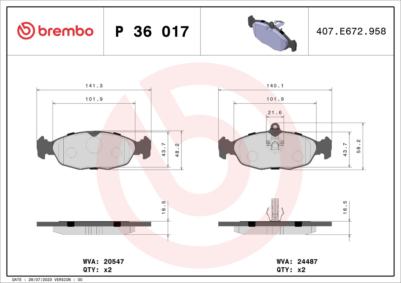 BREMBO P 36 017 - Bremsbelagsatz, Scheibenbremse