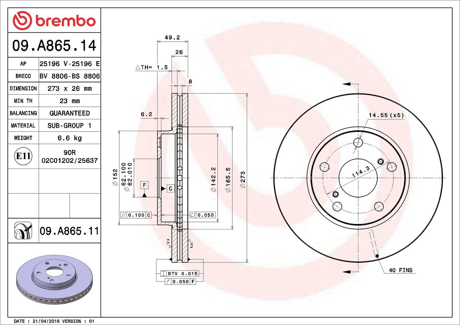 BREMBO 09.A865.11 - Bremsscheibe