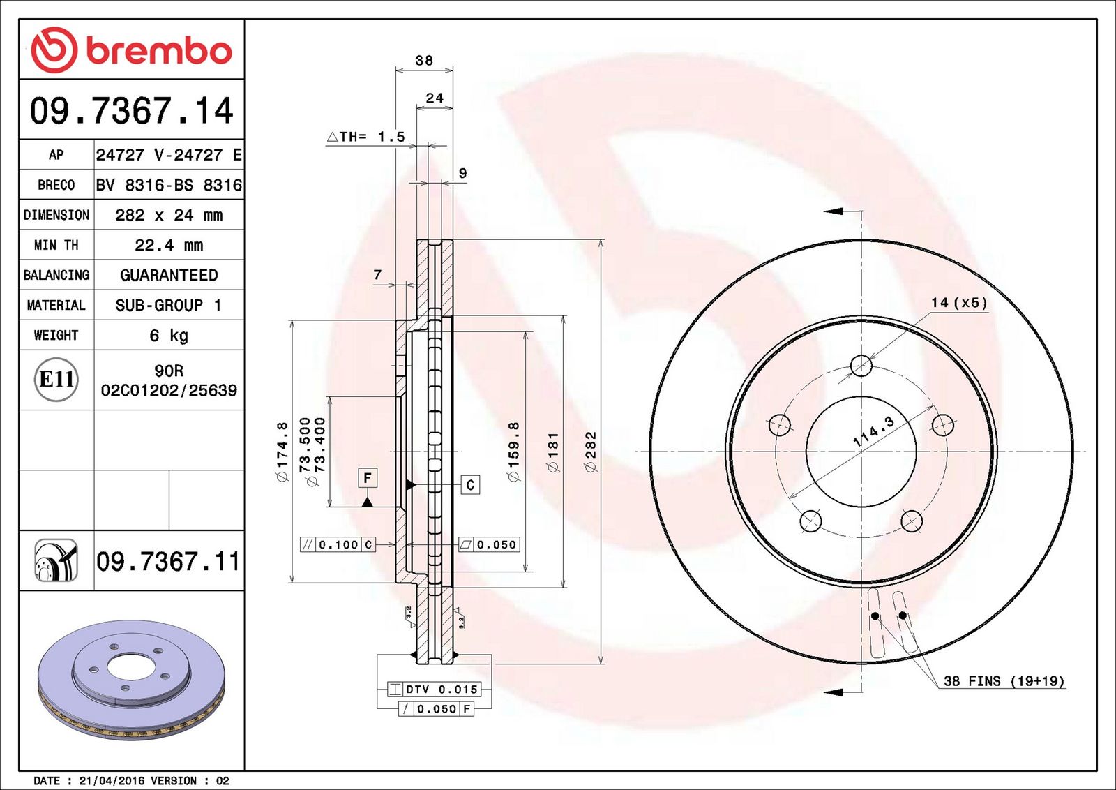 BREMBO 09.7367.14 - Bremsscheibe