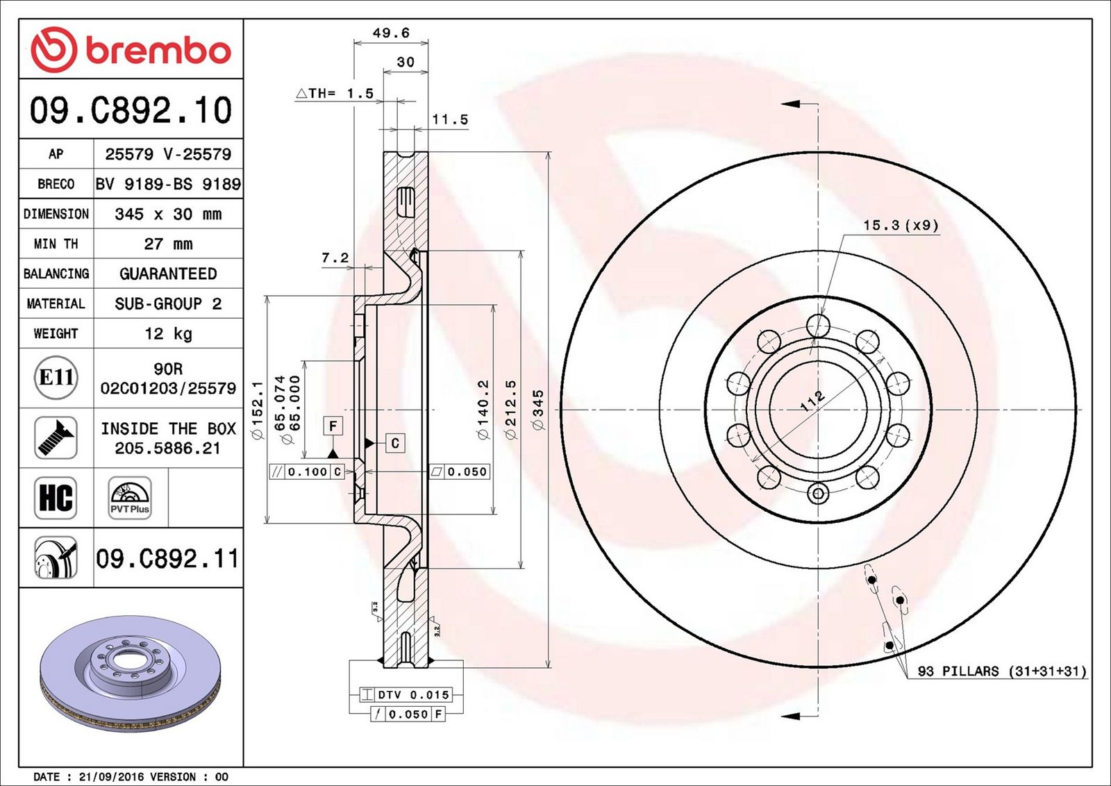 BREMBO 09.C892.11 - Bremsscheibe