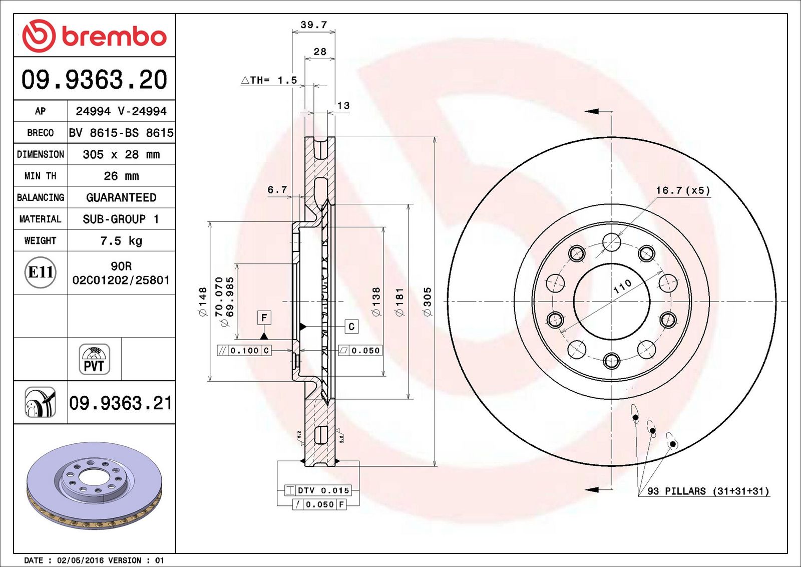 BREMBO 09.9363.21 - Bremsscheibe