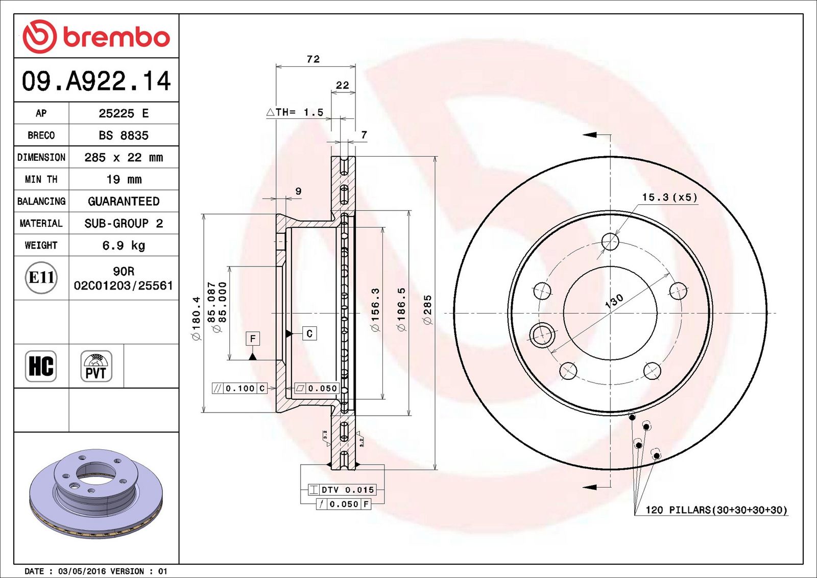 BREMBO 09.A922.14 - Bremsscheibe