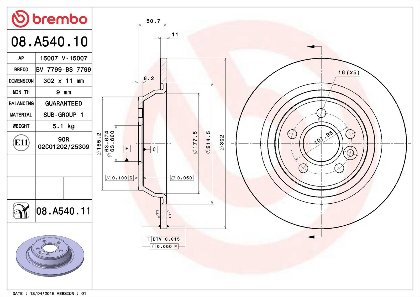 BREMBO 08.A540.11 - Bremsscheibe