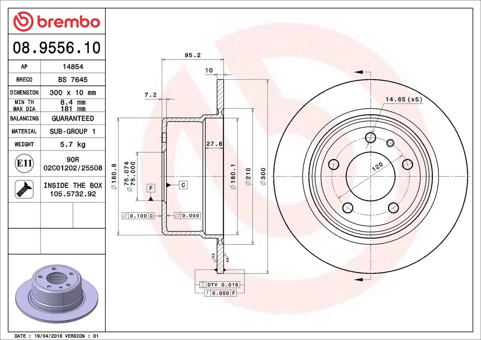 BREMBO 08.9556.10 - Bremsscheibe