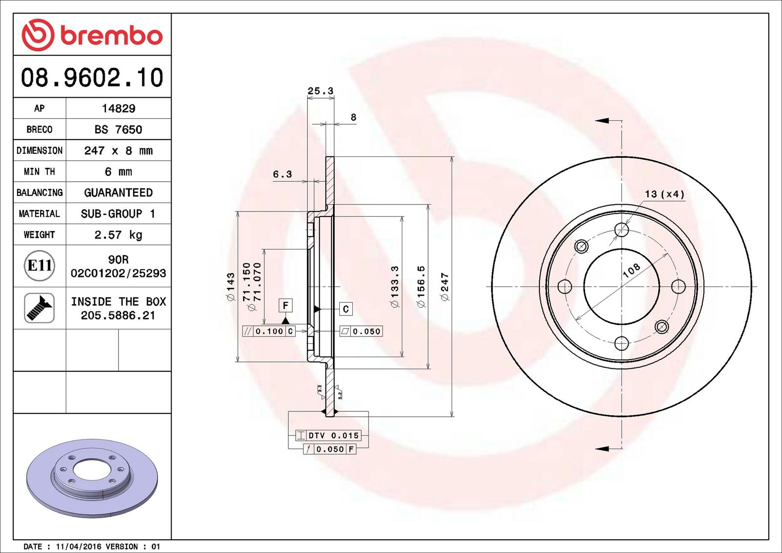 BREMBO 08.9602.10 - Bremsscheibe