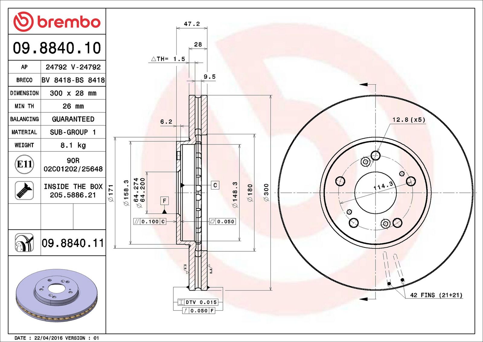 BREMBO 09.8840.11 - Bremsscheibe