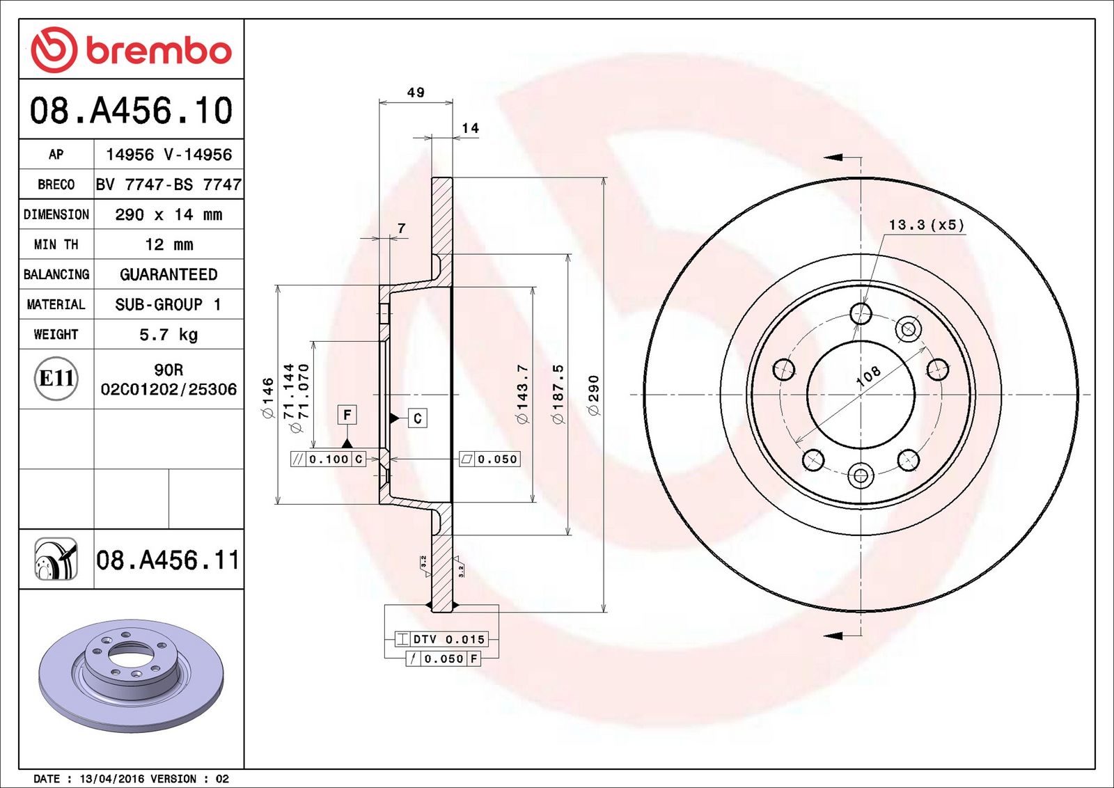 BREMBO 08.A456.11 - Bremsscheibe