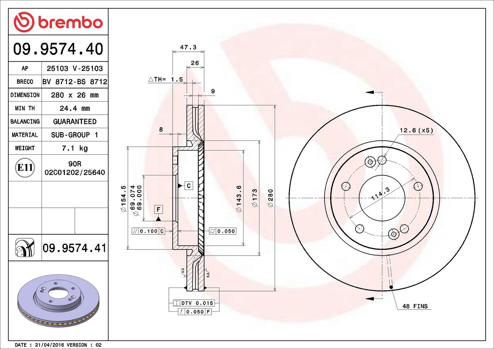 BREMBO 09.9574.41 - Bremsscheibe