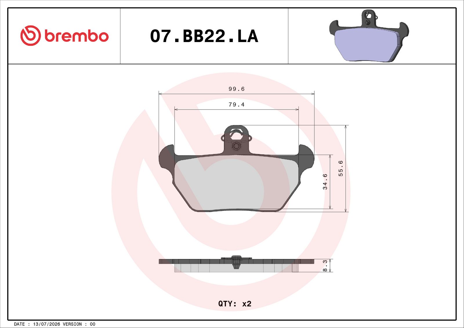 BREMBO 07BB22LA - Bremsbelagsatz, Scheibenbremse
