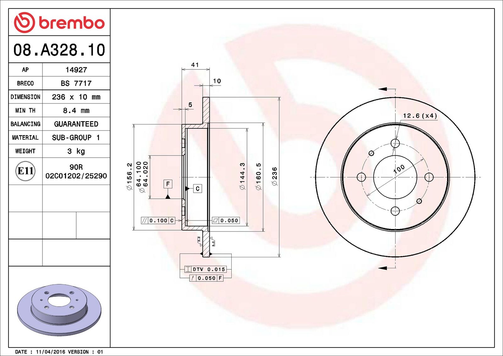 BREMBO 08.A328.10 - Bremsscheibe