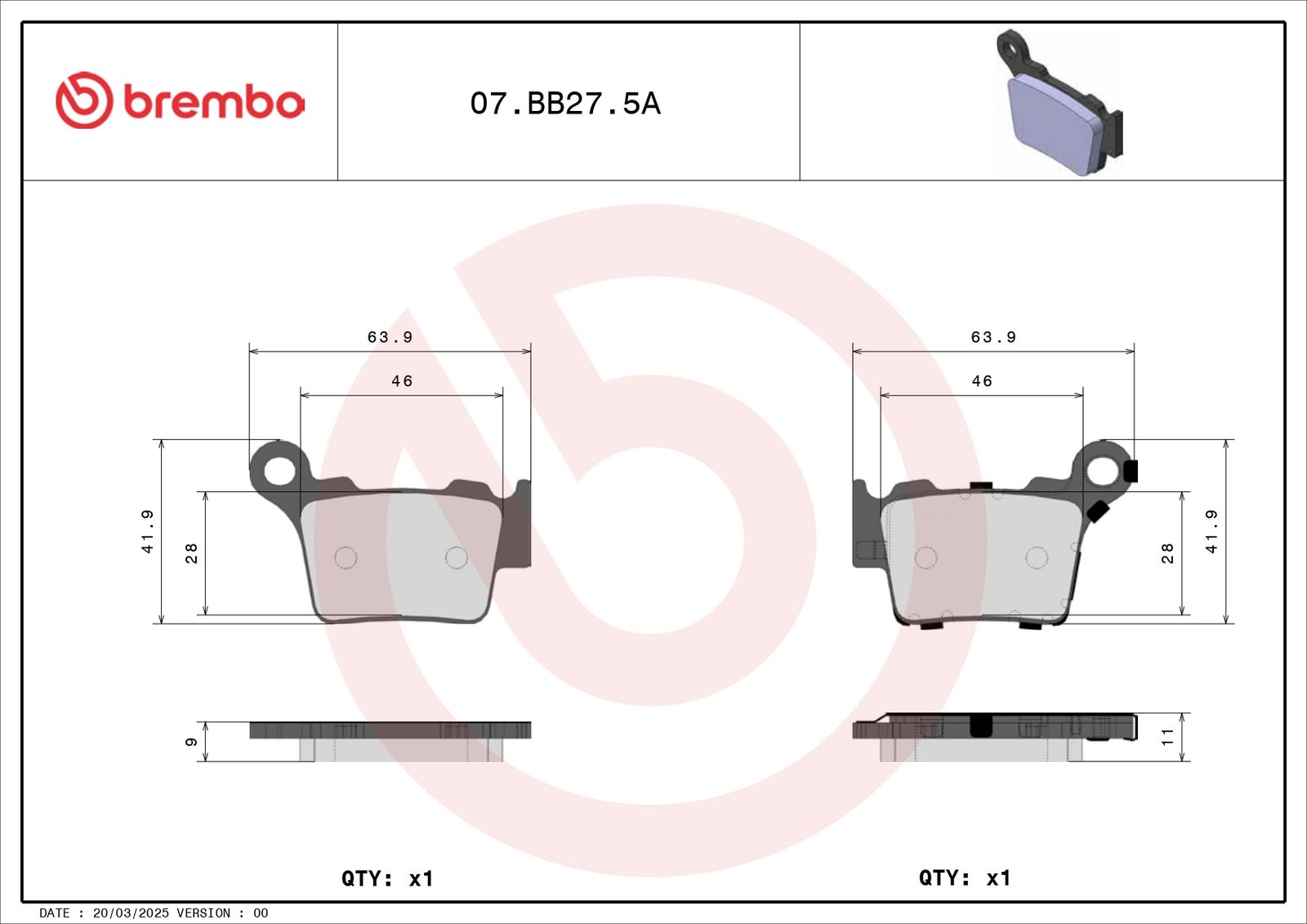BREMBO 07BB275A - Bremsbelagsatz, Scheibenbremse