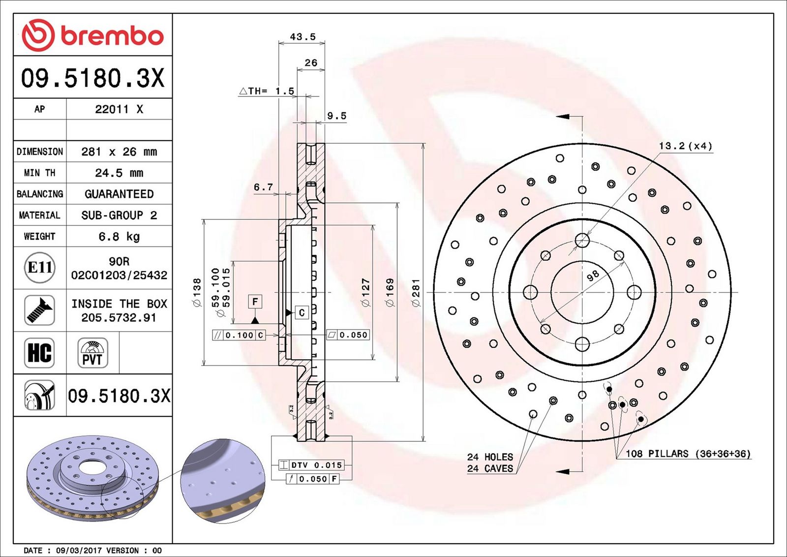 BREMBO 09.5180.3X - Bremsscheibe