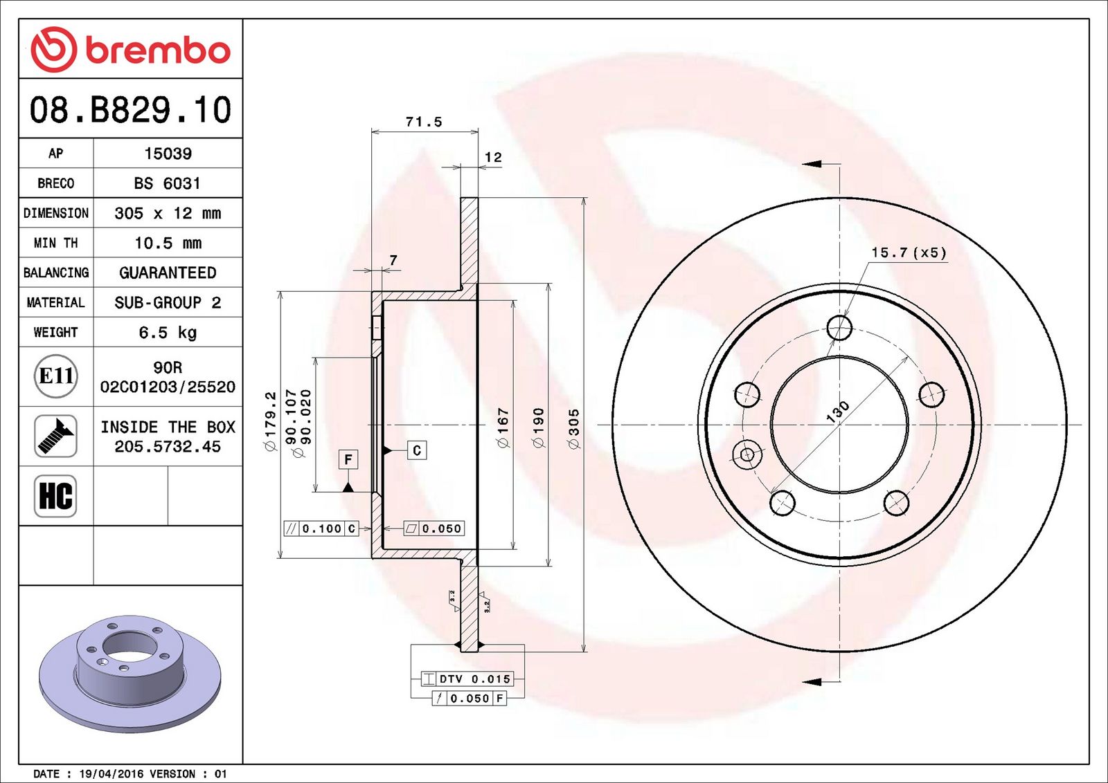 BREMBO 08.B829.10 - Bremsscheibe