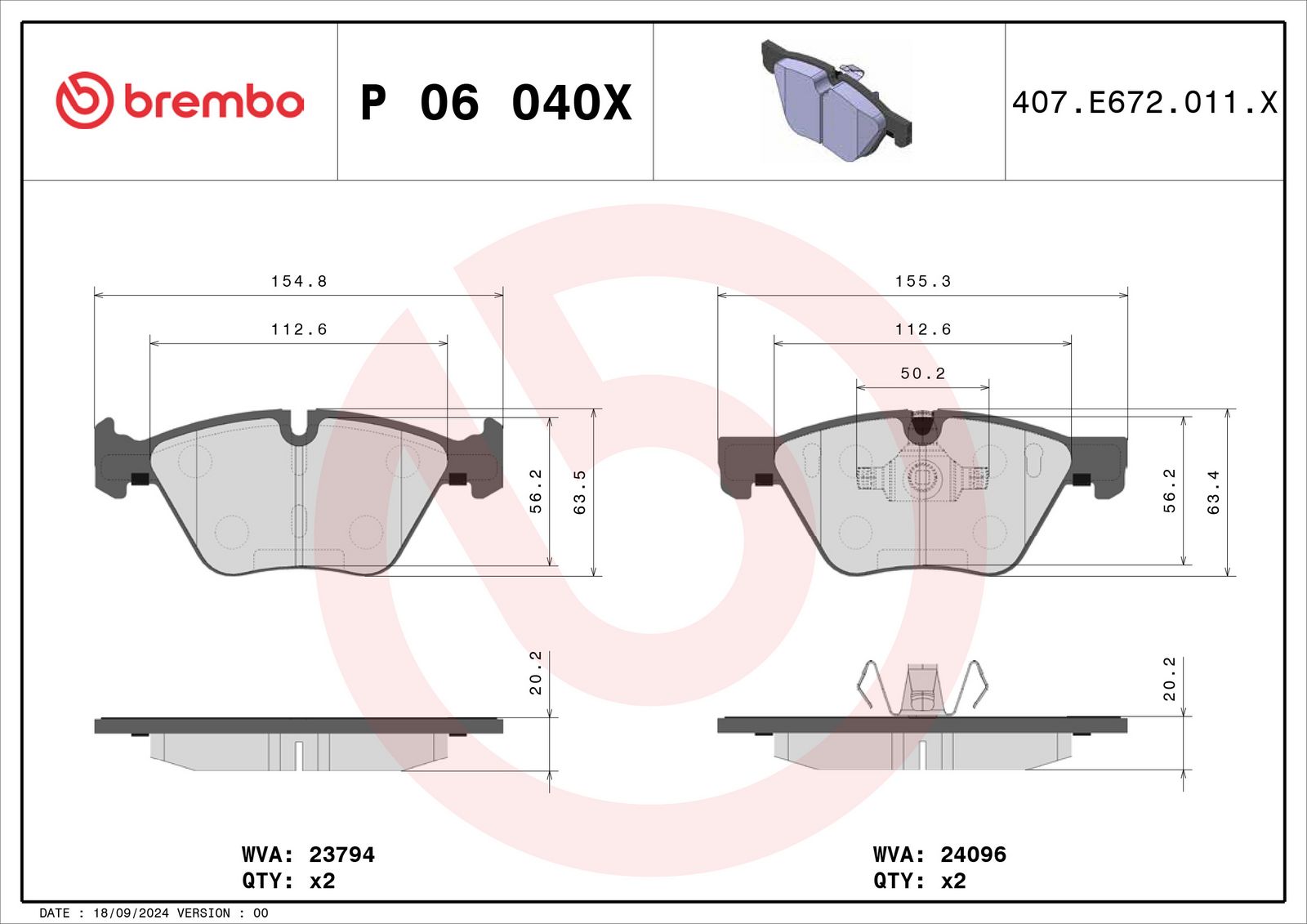 BREMBO P 06 040X - Bremsbelagsatz, Scheibenbremse