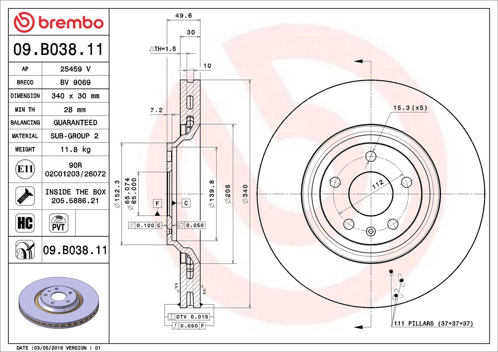 BREMBO 09.B038.11 - Bremsscheibe