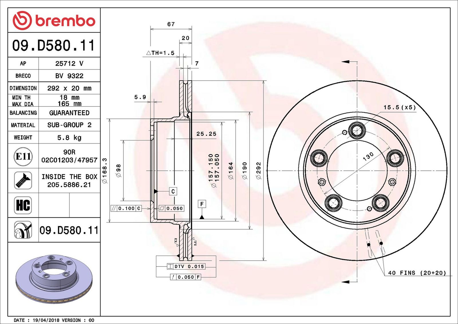 BREMBO 09.D580.11 - Bremsscheibe