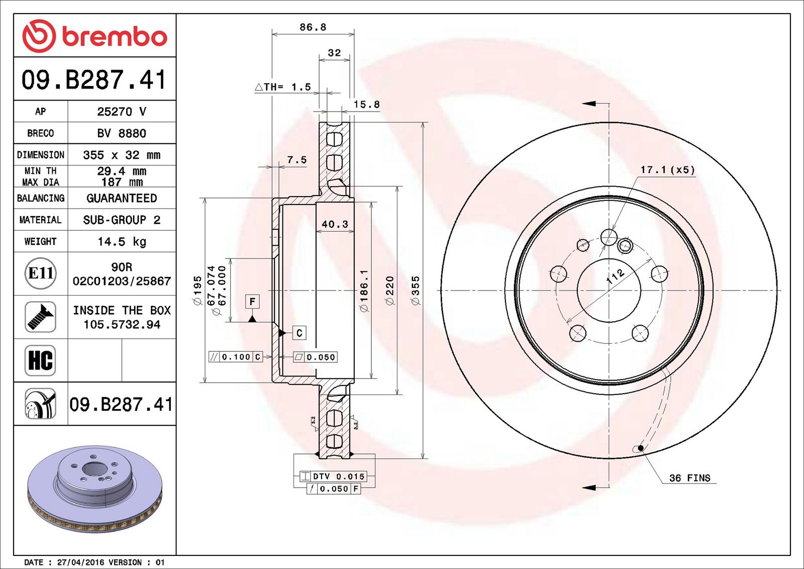 BREMBO 09.B287.41 - Bremsscheibe