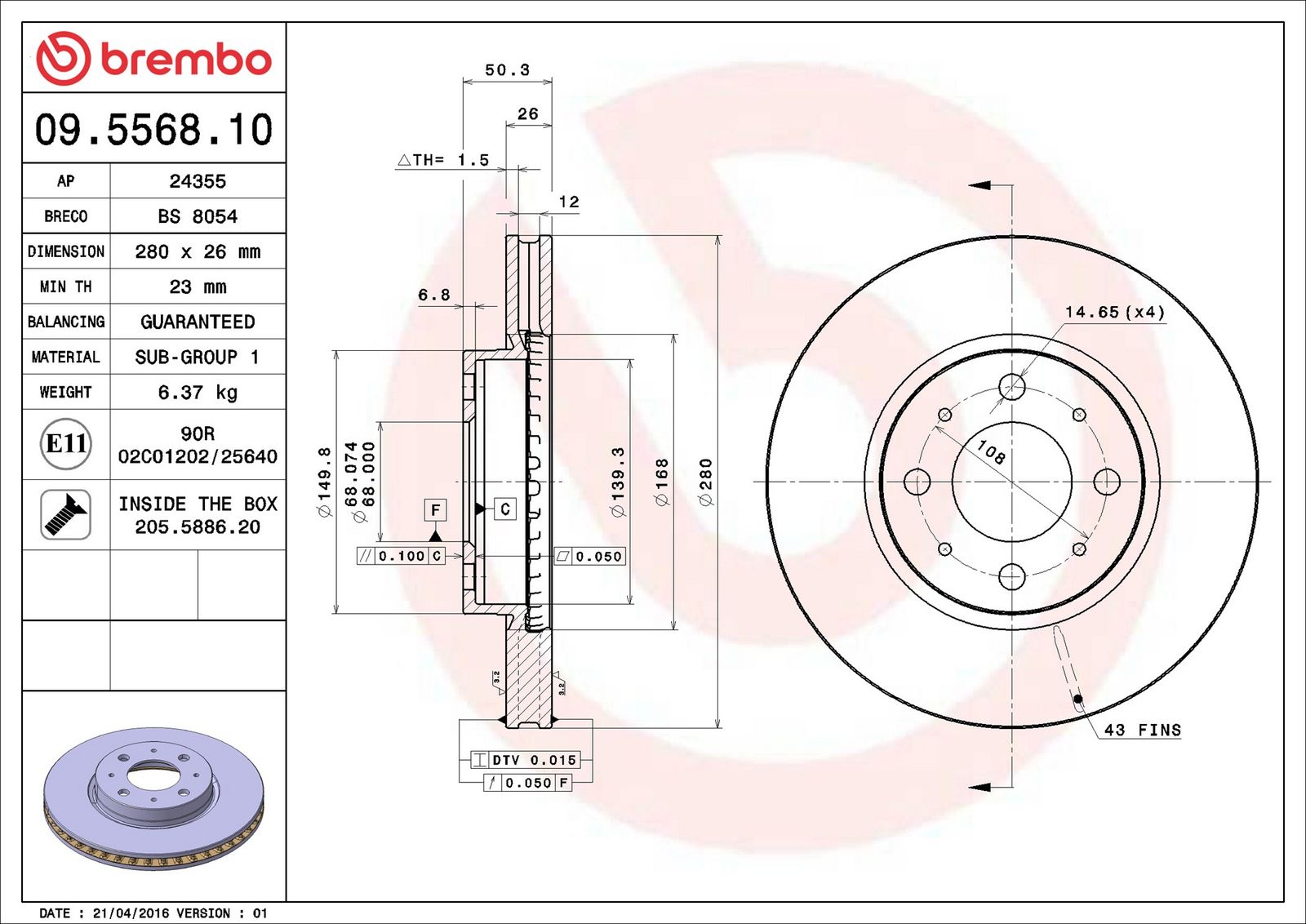 BREMBO 09.5568.10 - Bremsscheibe