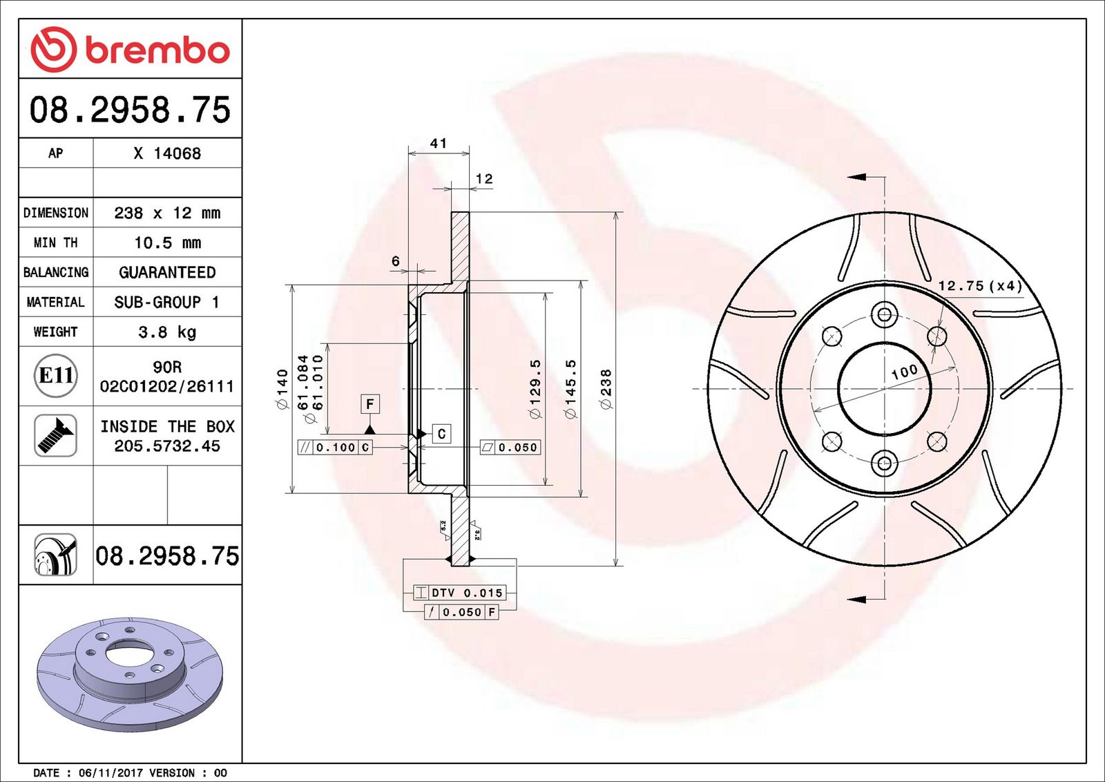 BREMBO 08.2958.75 - Bremsscheibe