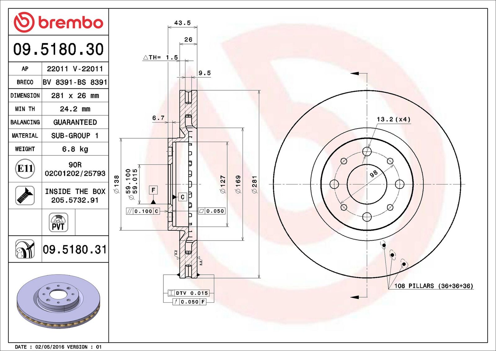 BREMBO 09.5180.31 - Bremsscheibe