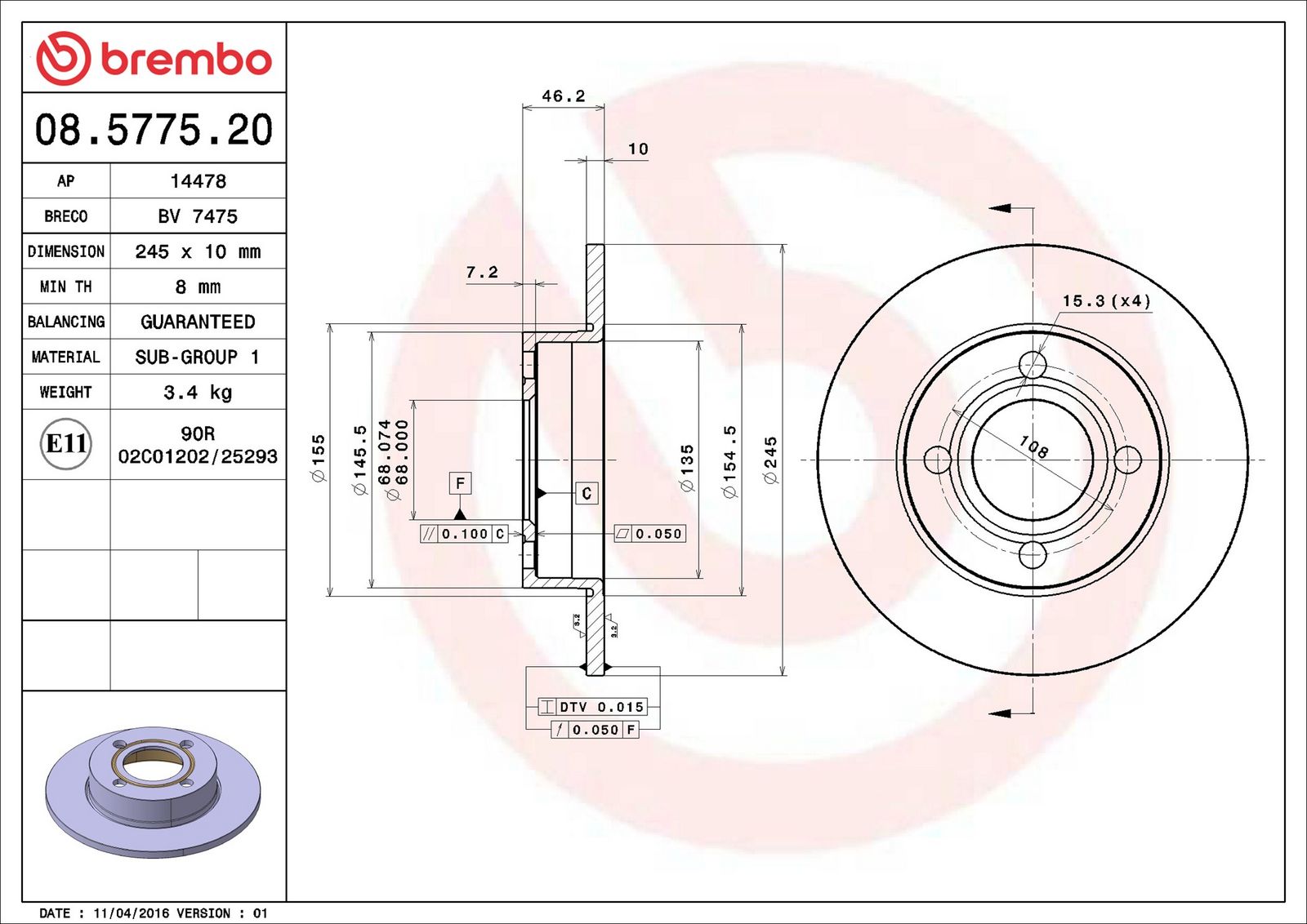 BREMBO 08.5775.20 - Bremsscheibe
