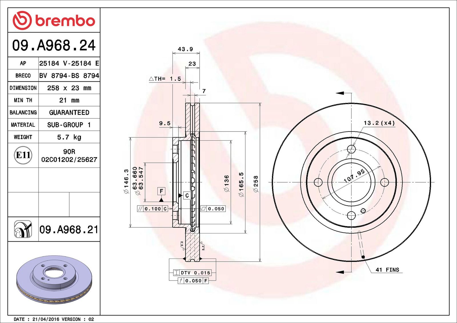 BREMBO 09.A968.21 - Bremsscheibe