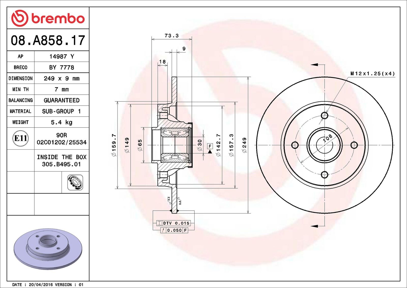 BREMBO 08.A858.17 - Bremsscheibe