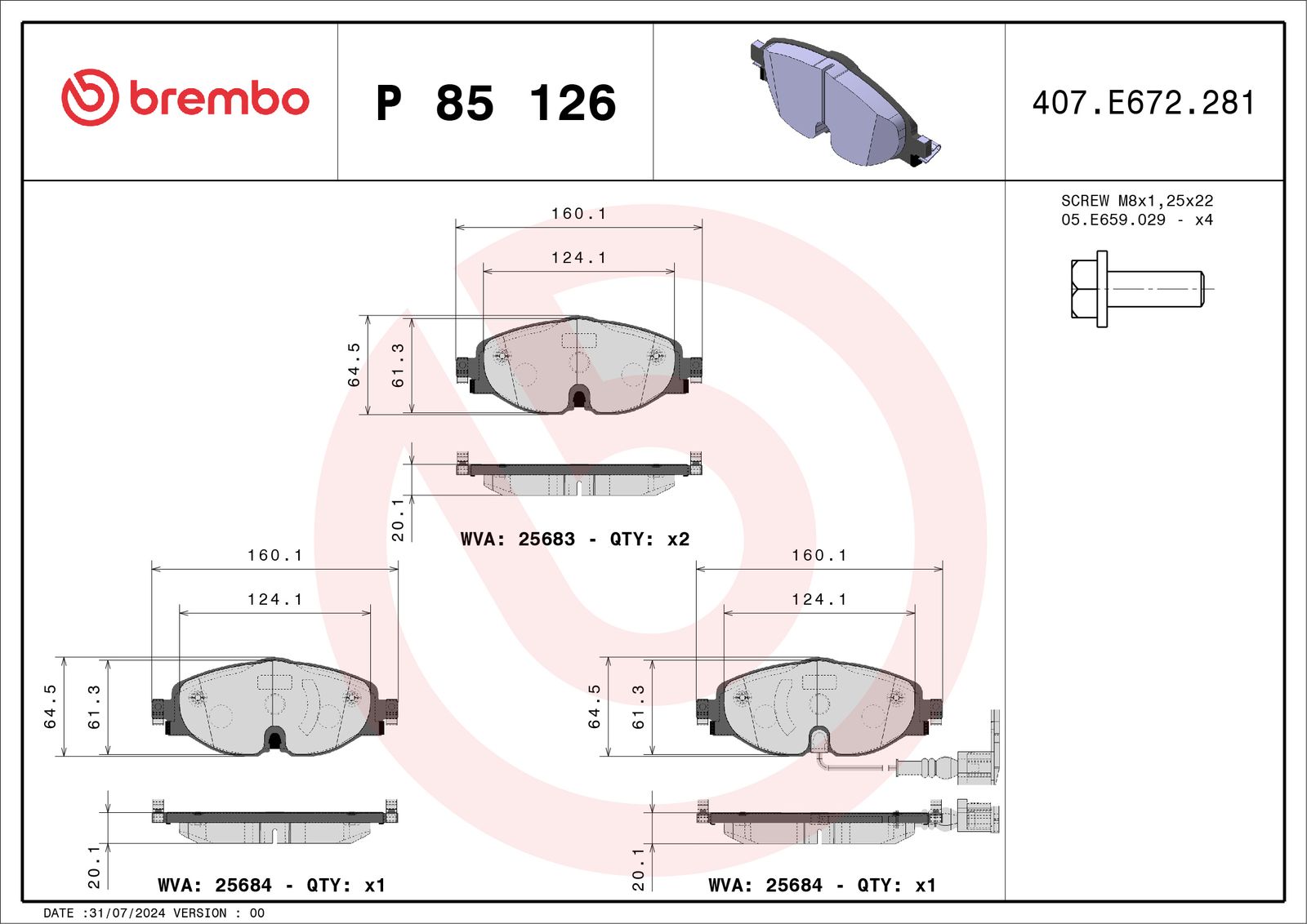 BREMBO P 85 126X - Bremsbelagsatz, Scheibenbremse