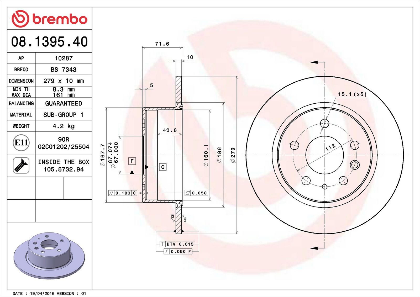 BREMBO 08.1395.40 - Bremsscheibe
