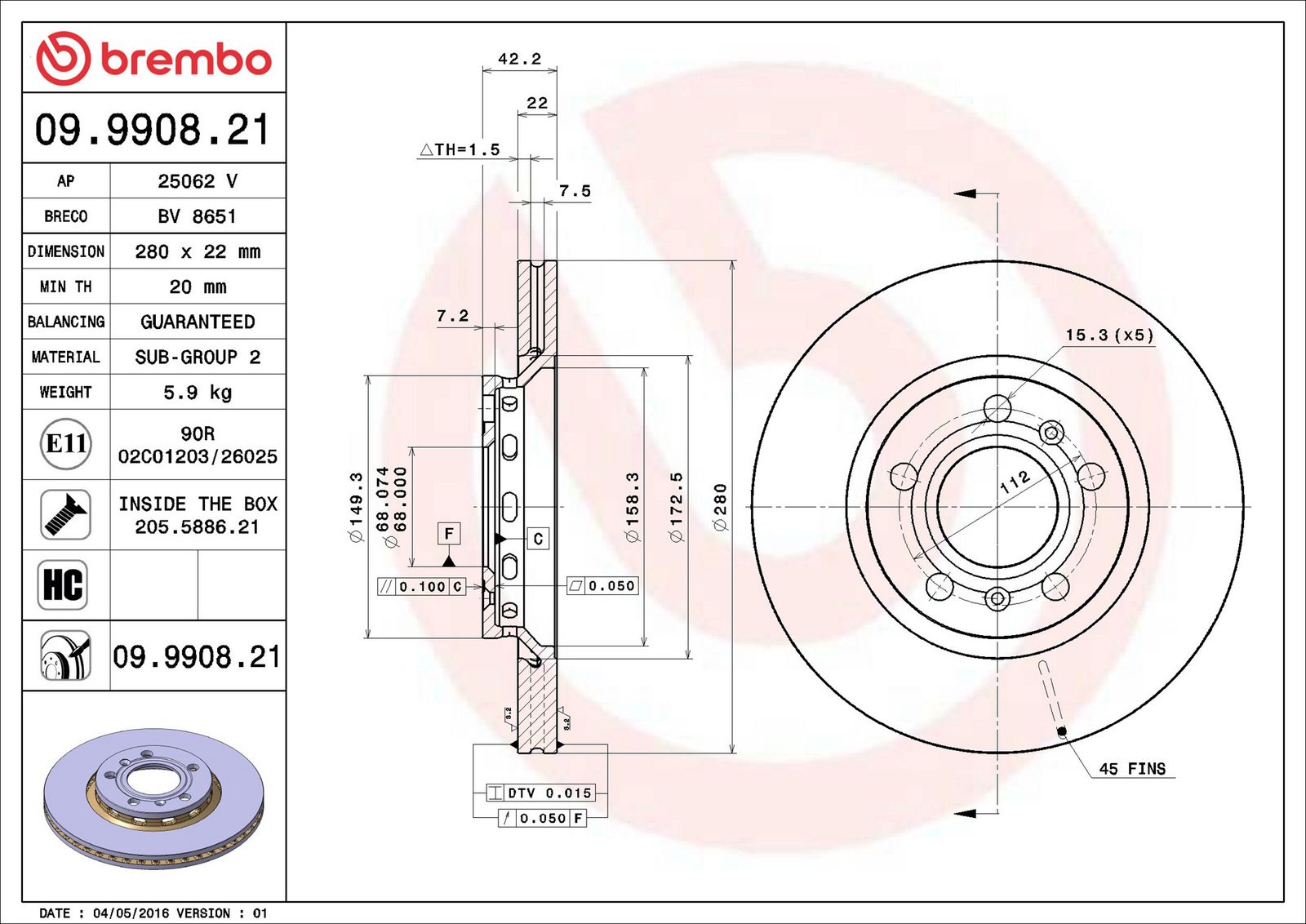 BREMBO 09.9908.21 - Bremsscheibe