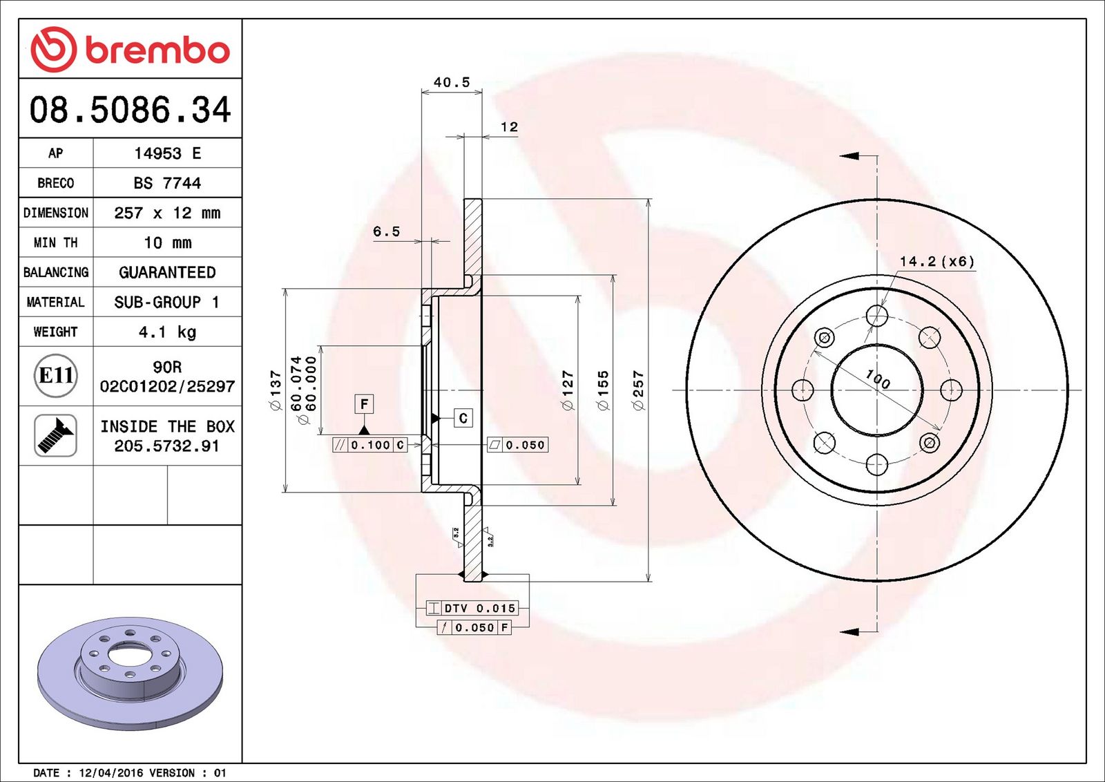 BREMBO 08.5086.34 - Bremsscheibe