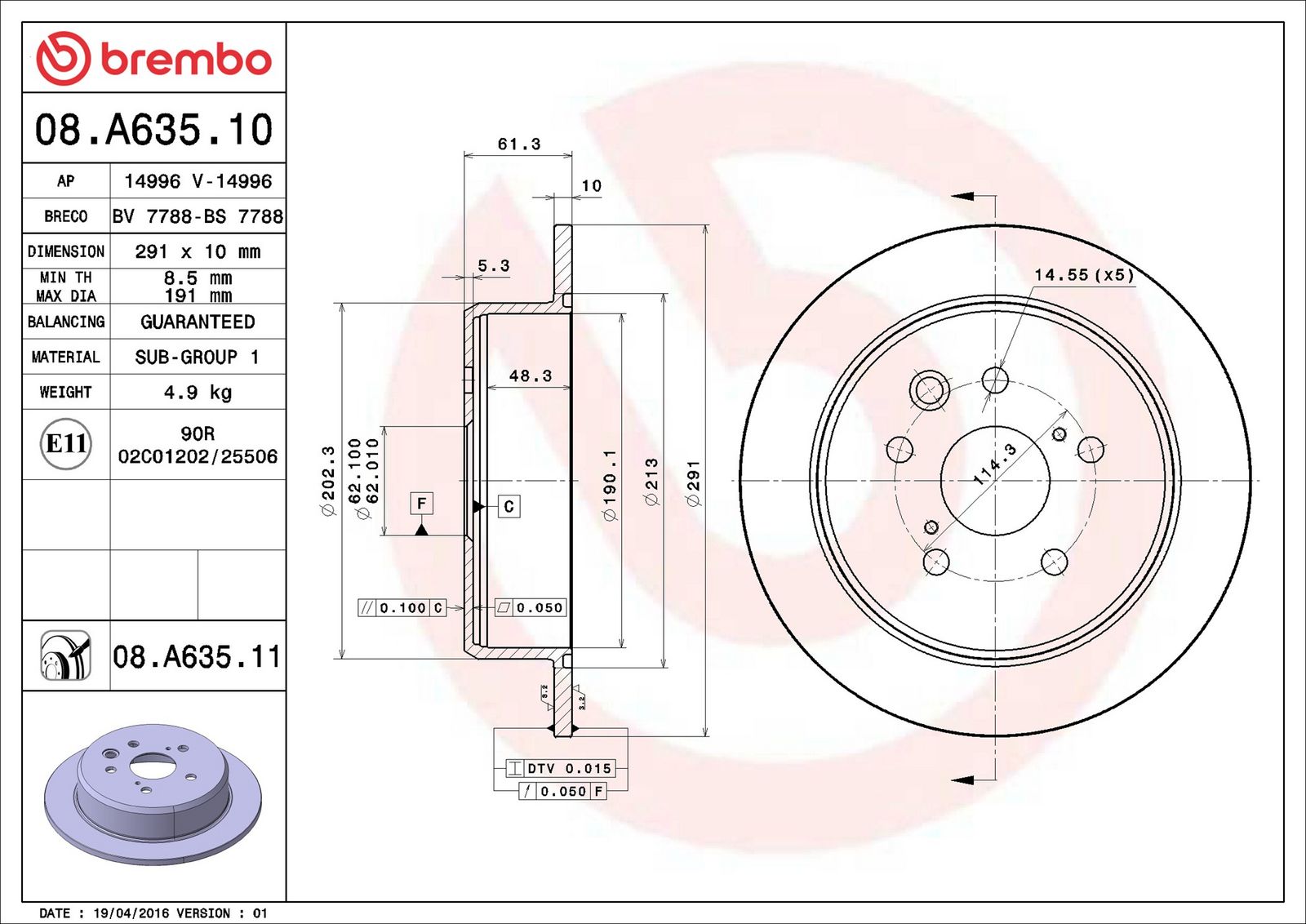 BREMBO 08.A635.11 - Bremsscheibe